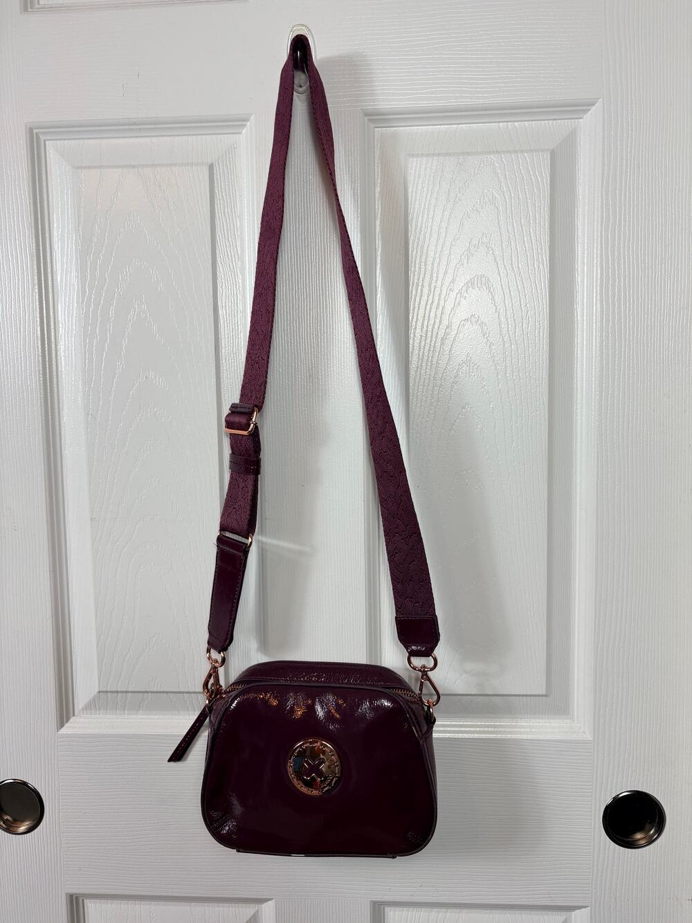 Mimco Harmony Hip Crossbody Bag Patent Leather Burgundy